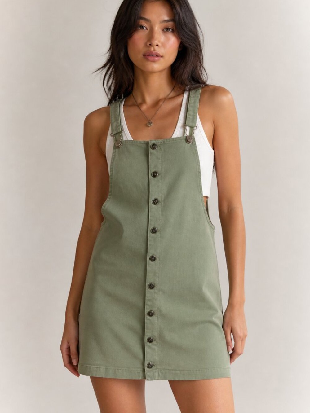 Y2K Hot Kiss Overall Mini Dress Sage Green Cotton Stretch Size 3